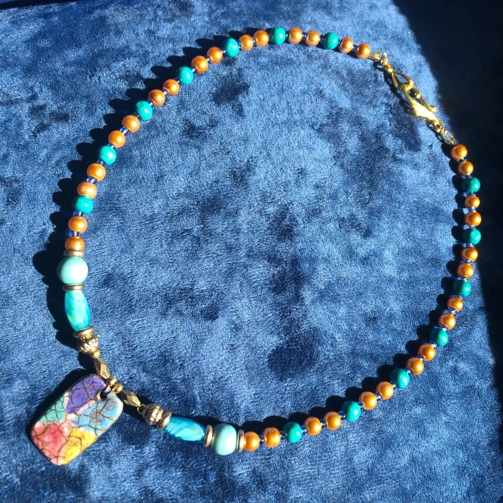 Handcrafted repurpose vintage 80s stained glass porcelain pendant bead necklace